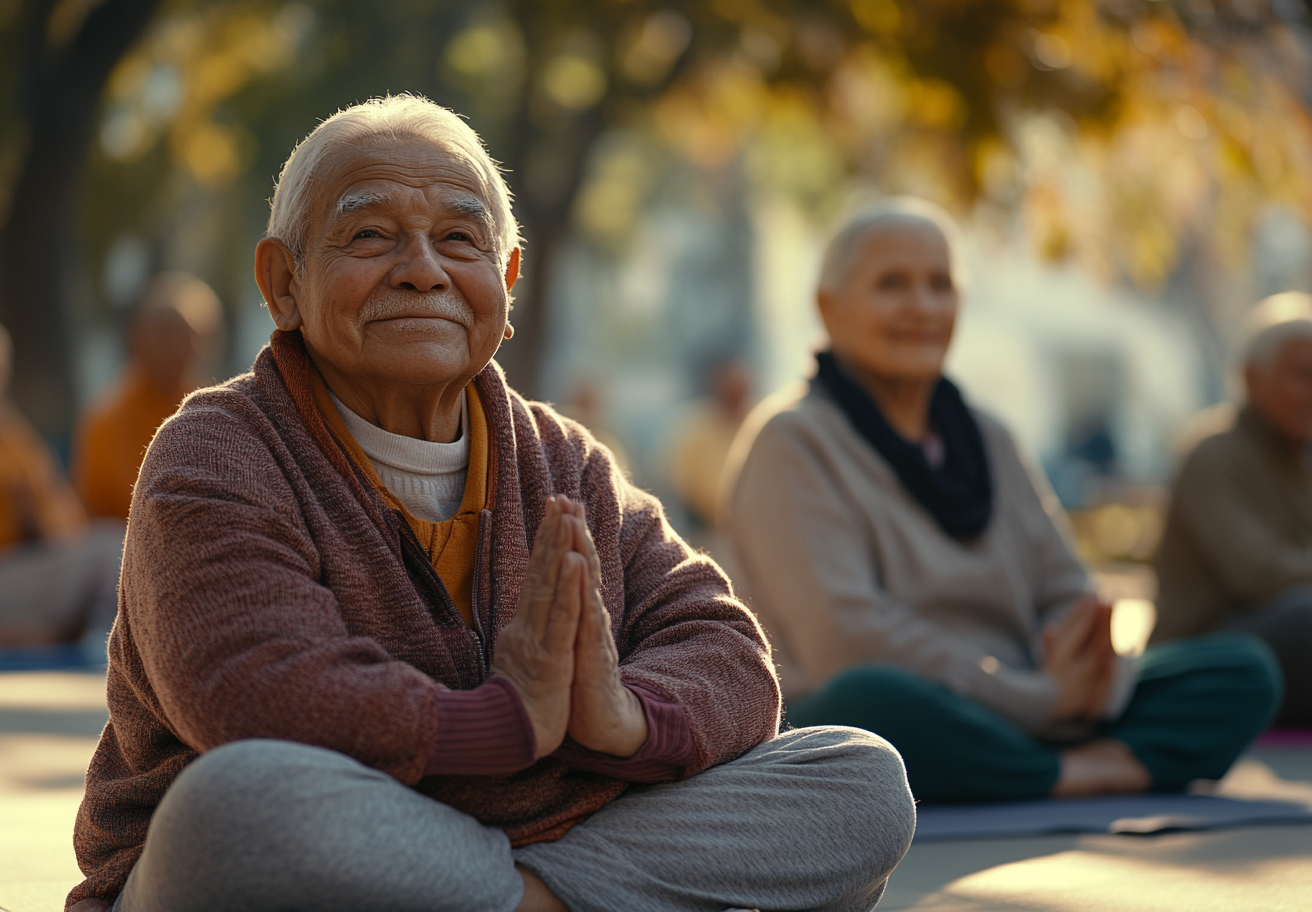 Група активних людей старшого віку займаються йогою